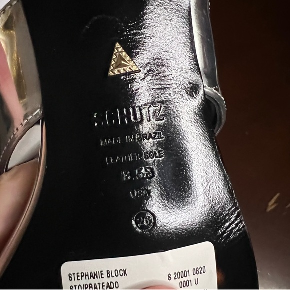 NWT SCHUTZ Stephanie Block Heels Strappy Women's Sandals Spechio Metallic Silver - Picture 8 of 10